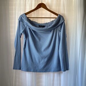 Automet Off Shoulder Bardot Striped Top Blue White Ribbed Slim Fit Nautical